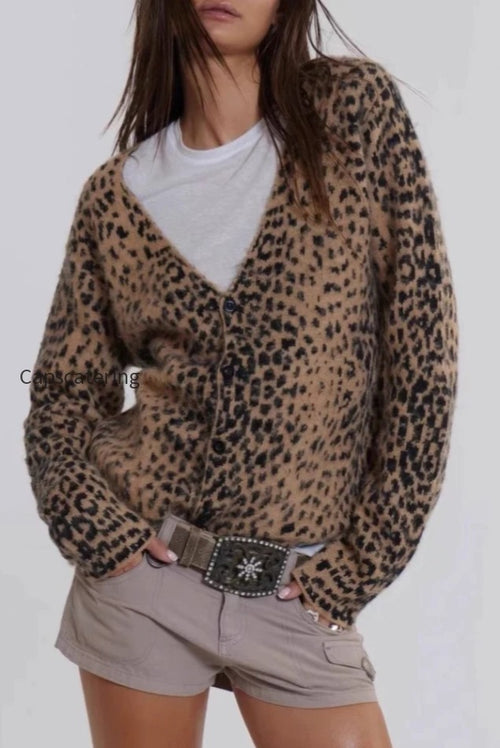 Leopard V-Neck Brushed Knit Top
