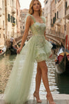 sparkly-light-green-appliqued-thick-straps-ruffled-a-line-short-prom-dress-with-cape