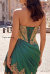 strapless-corset-ruched-short-sparkly-dark-green-appliqued-homecoming-dress-with-ruffles