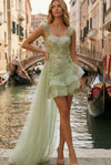 sparkly-light-green-appliqued-thick-straps-ruffled-a-line-short-prom-dress-with-cape