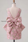 floral-pink-green-tight-boat-neck-short-homecoming-dress-with-bow