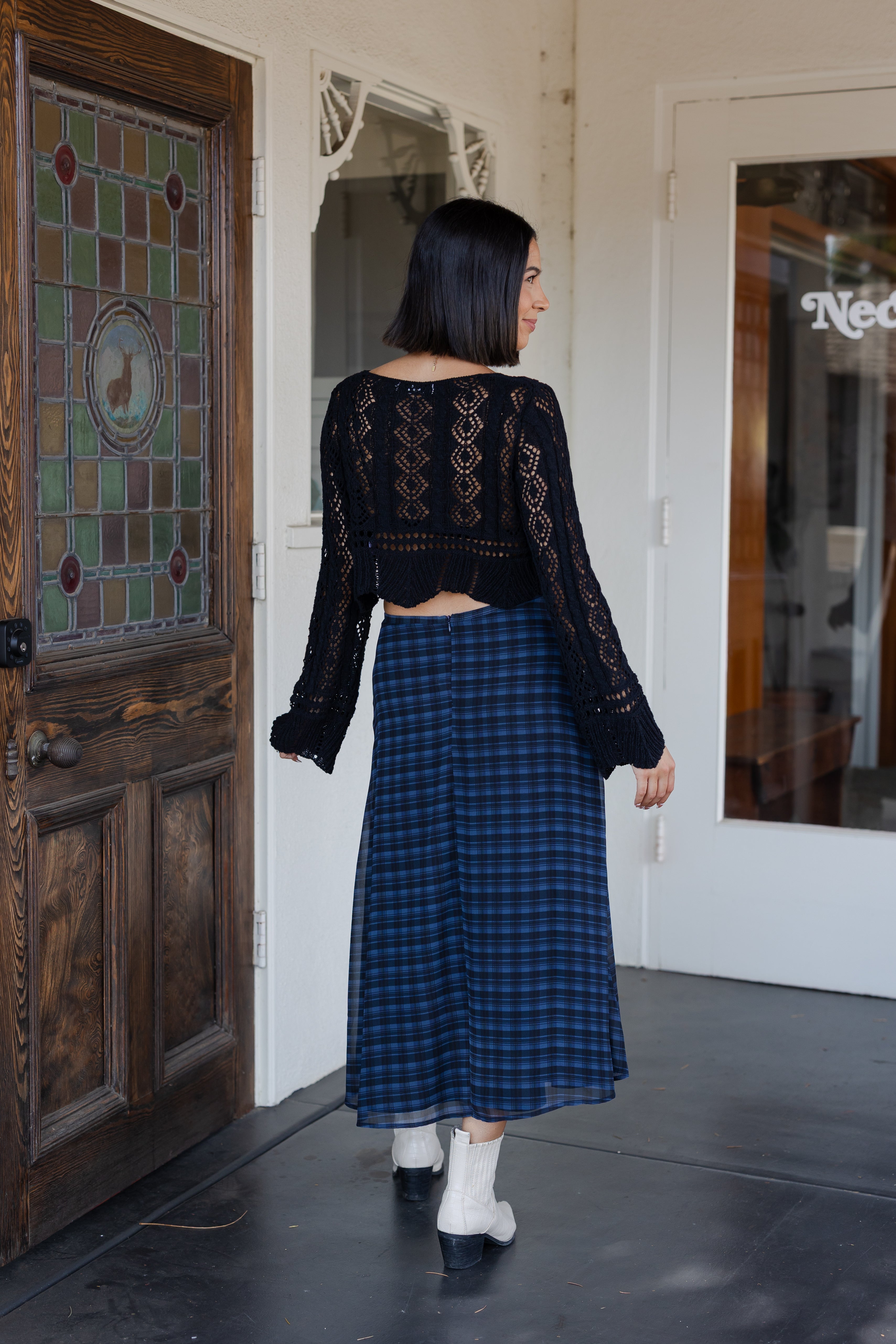 Plaid Slit Midi Skirt
