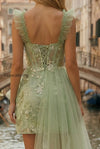 sparkly-light-green-appliqued-thick-straps-ruffled-a-line-short-prom-dress-with-cape