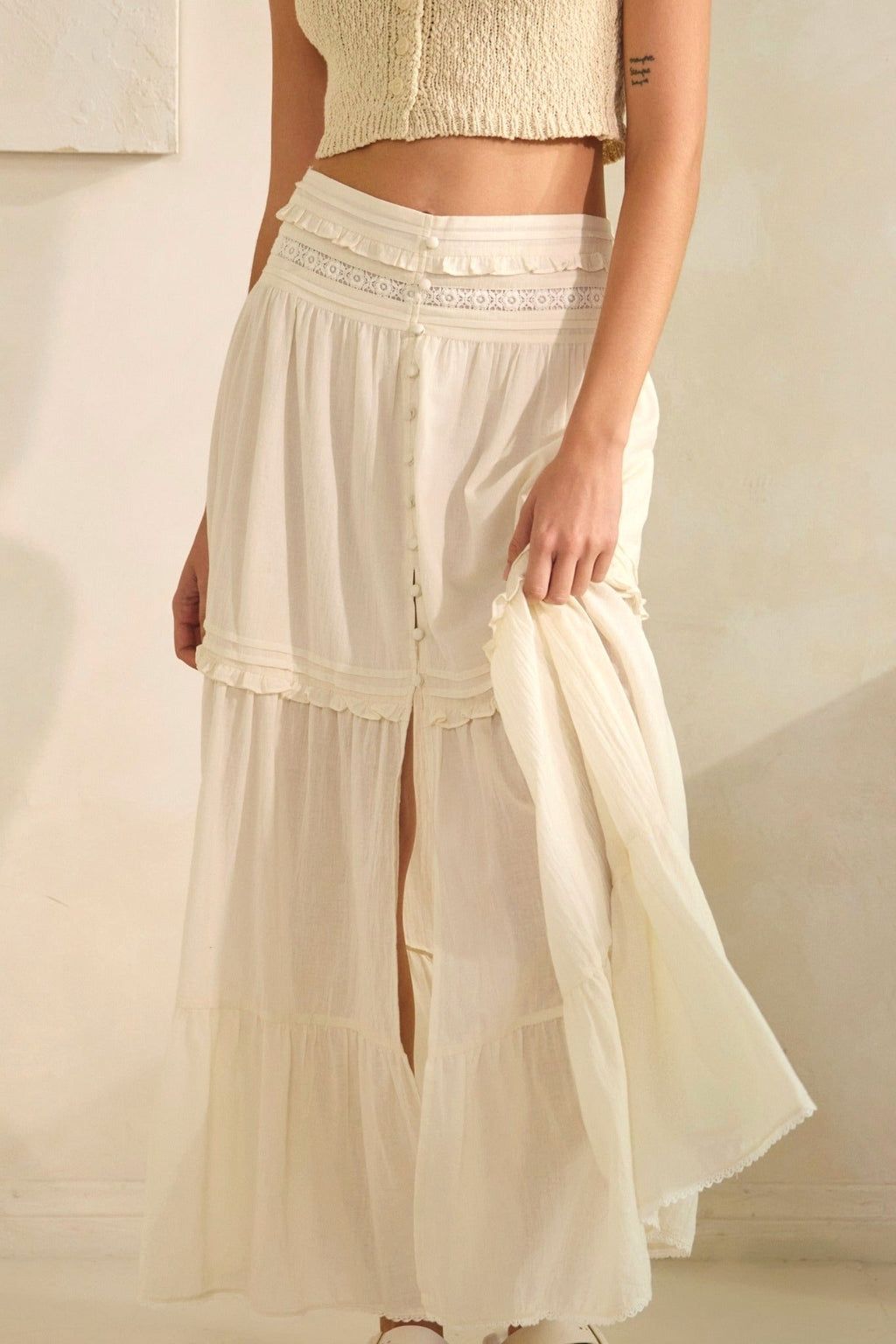 Tiered Lace Trim Maxi Skirt